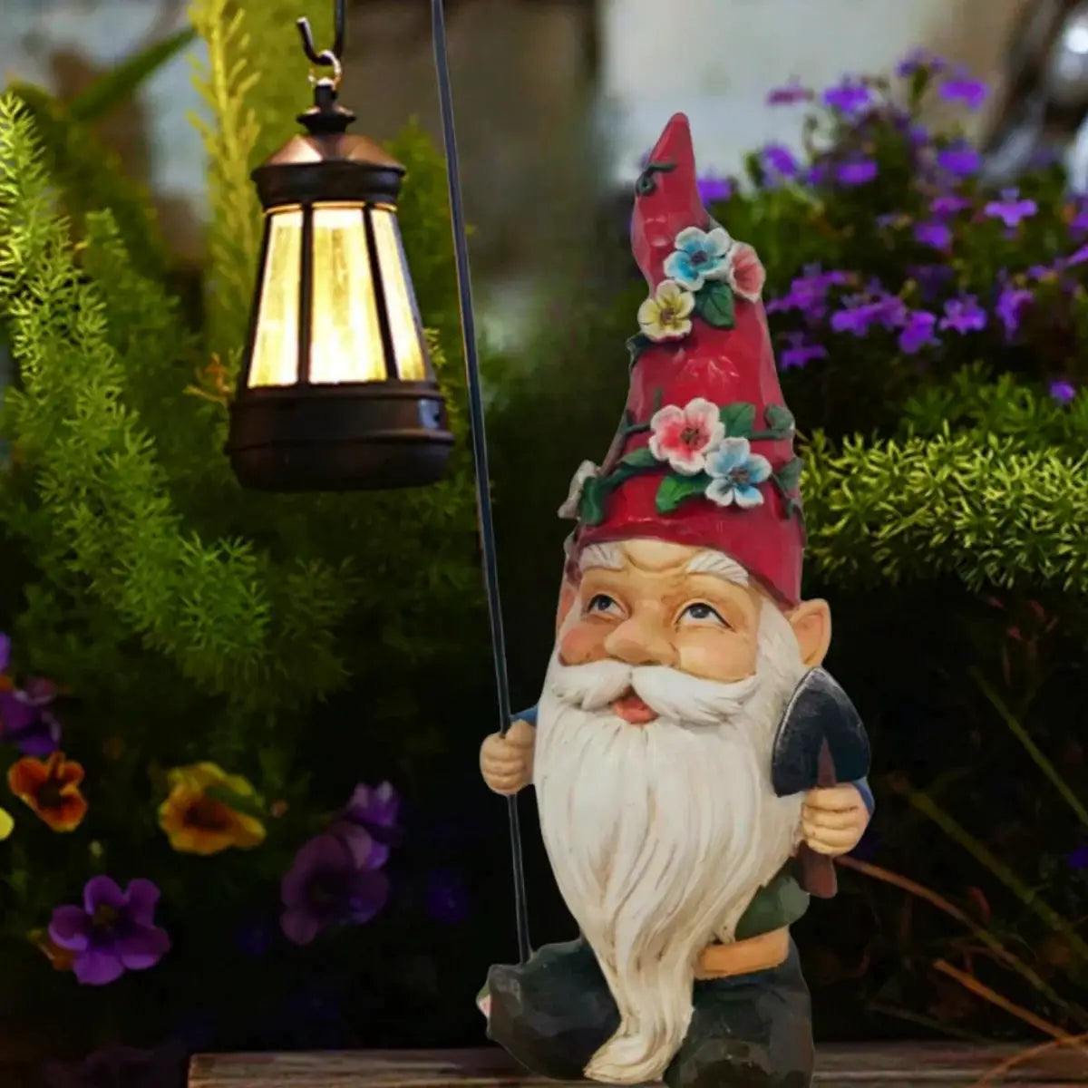 Garden Gnomes Statue with Solar Lights, Solar resin dwarf holding bird and holding lantern statue light from PriceLows™