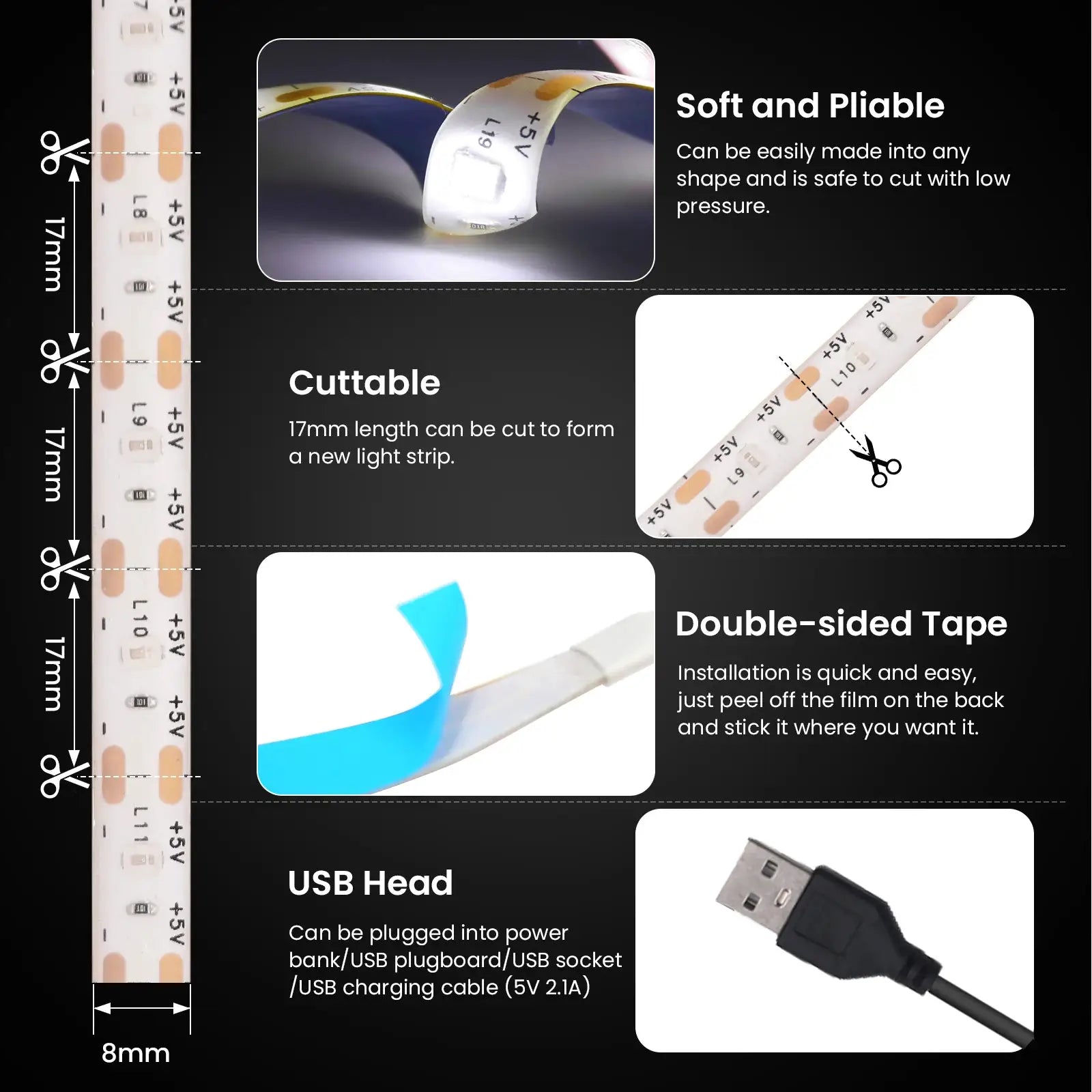 5V USB LED Strip Light with Adhesive Tape 2835 60LEDs Flexible LED Tape Waterproof Rope Light for TV Backlight Cabinet Lamp from PriceLows™