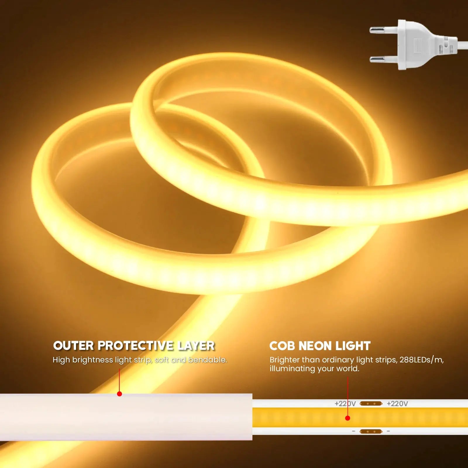 288LEDs/M COB NEON Light 220V 40M 35M 30M 25M 20M 15M 10M FOB Tape Ribbon EU UK Plug IP67 Waterproof Linear Lighting For Bedroom from PriceLows™