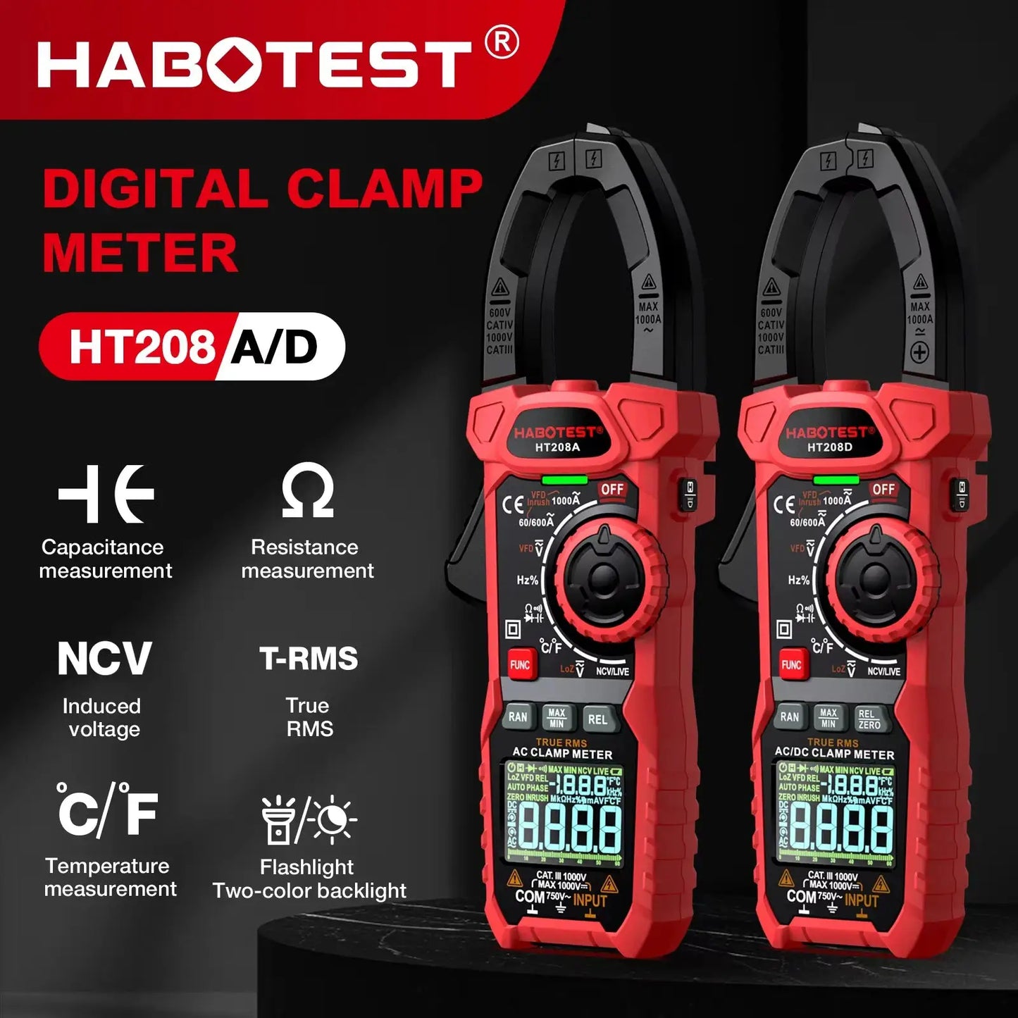 HABOTEST HT208 Clamp Meter 1000A 1000V AC DC True RMS Digital Clamp Meter Amperimetrica Capacitance Temperature Ohm Hz Tester from PriceLows™