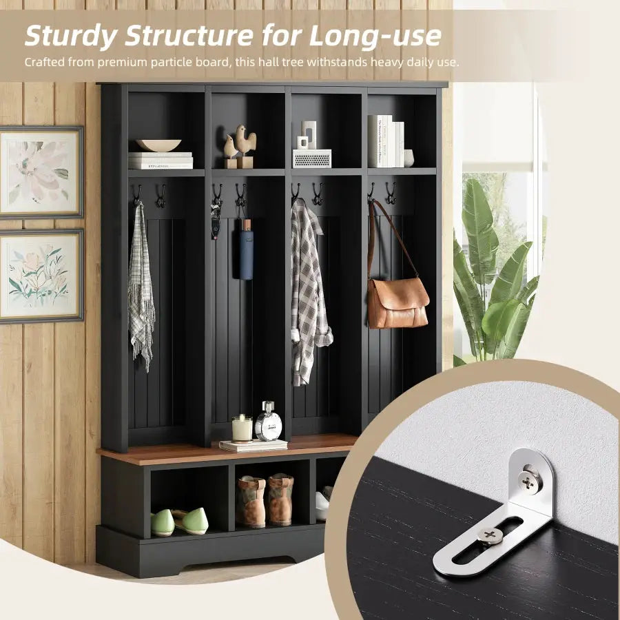 Farmhouse Hall Tree with 8 Hooks Practical Entryway Bench with Open Compartments 76.7"H Modern 3-in-1 Wooden Style Coat and Sho from PriceLows™