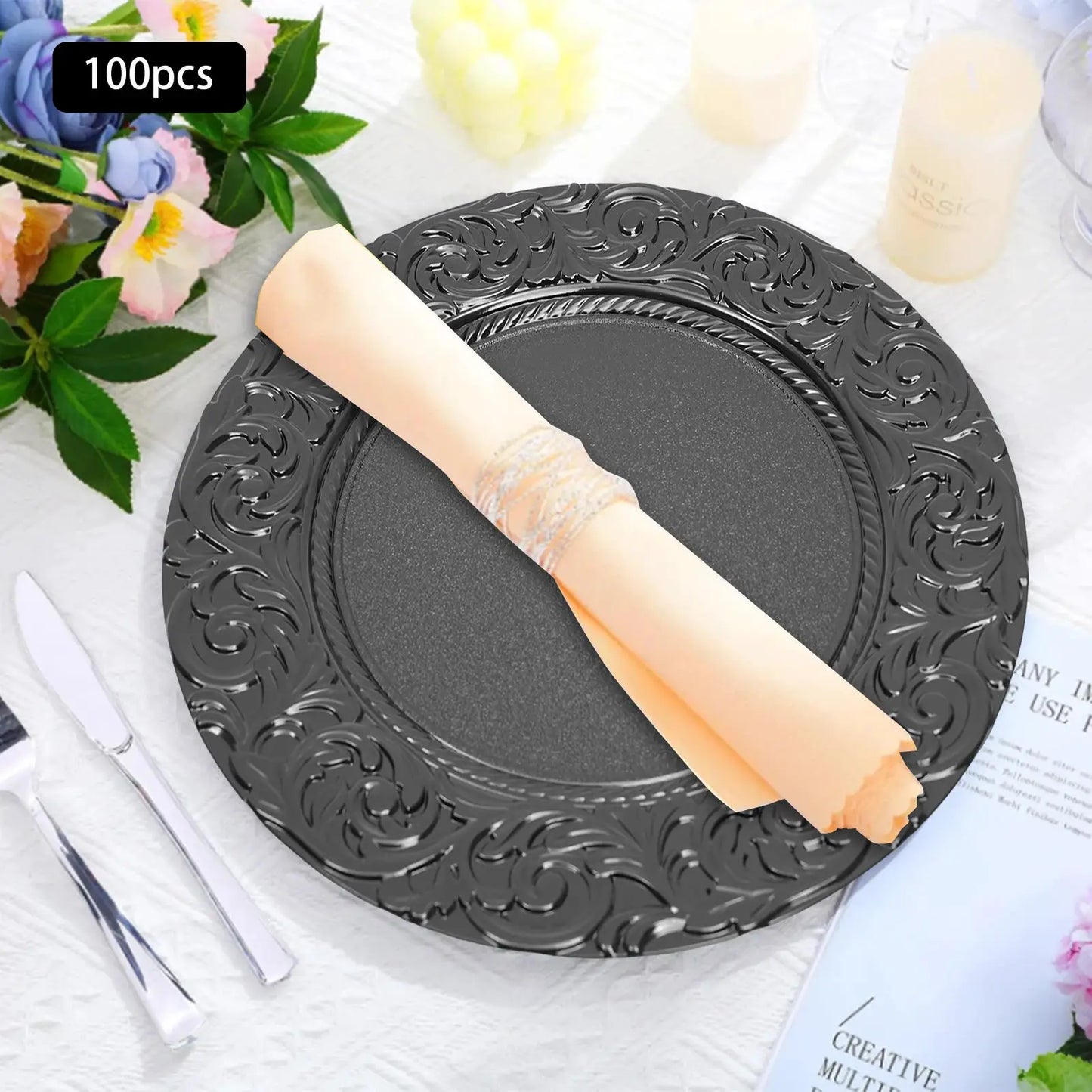 100-Piece Black Charger Plates Set, Elegant Round Base Plates for Dinnerware Wedding and Party Table Decoration from PriceLows™