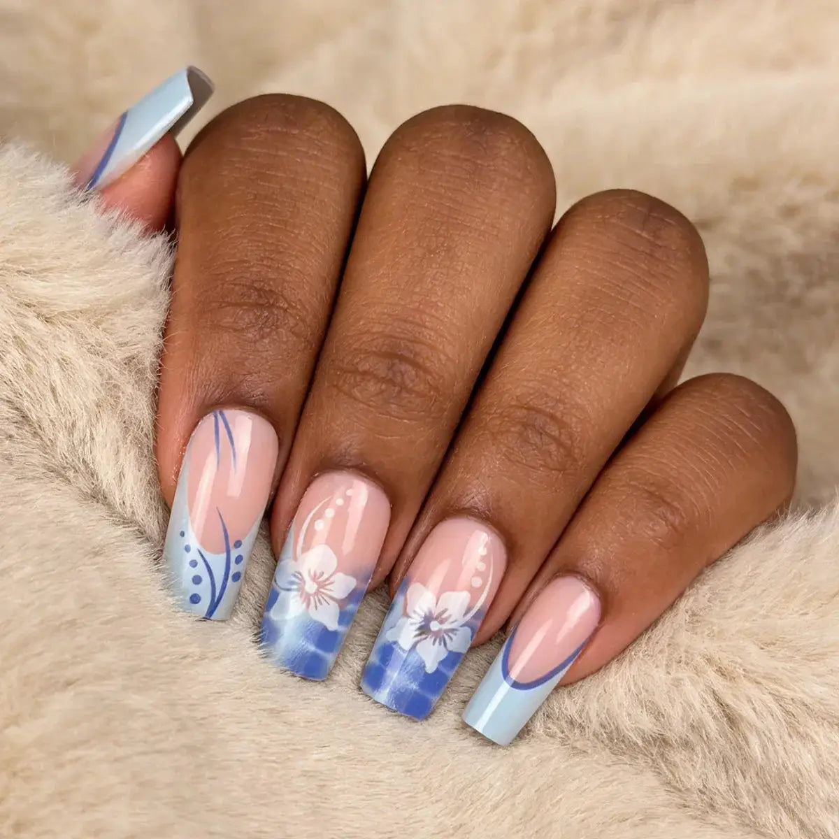 Press On Nails | Resin Coffin Shape | French Floral Print | 24 Pieces