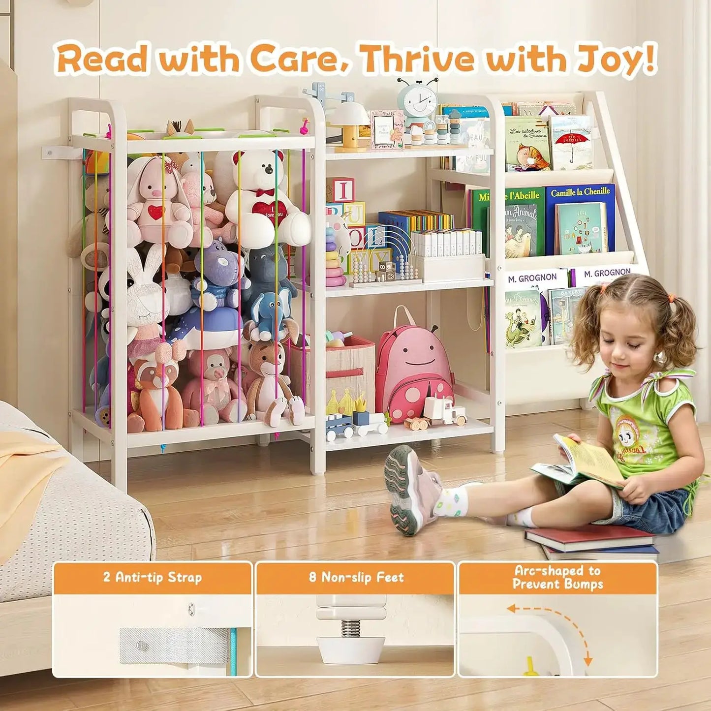 3-Tier Kids Bookshelf & Toy Storage, Sling Bookcase with Stuffed Animal Organizer, White from PriceLows™