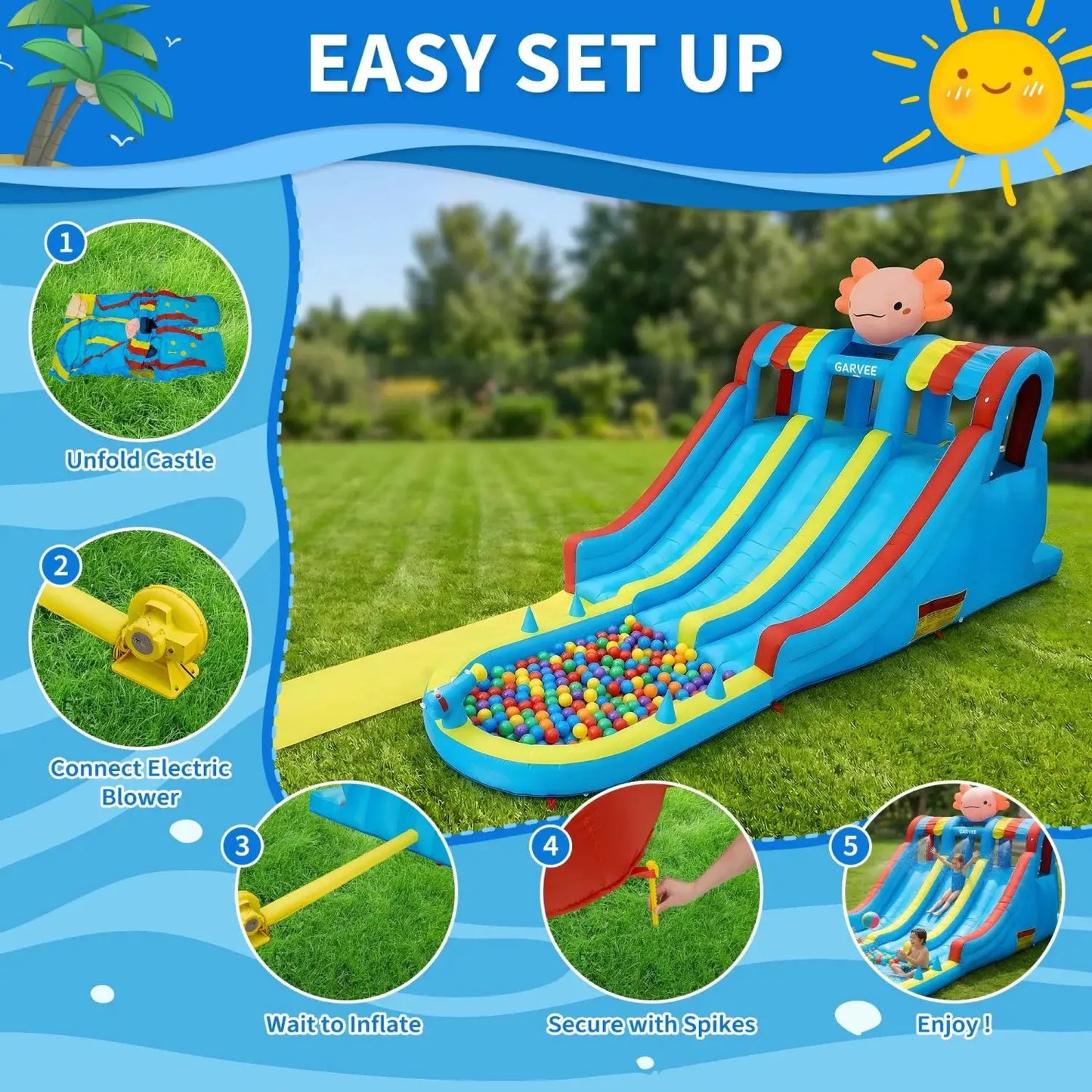 Inflatable Water Park Bounce House for Kids, Dual Slides with Long Slip Mat and Splash Pool, Durable Oxford Fabric Blow Up Water Castle with Powerful Air Blower for Backyard Outdoor Summer Fun from PriceLows™