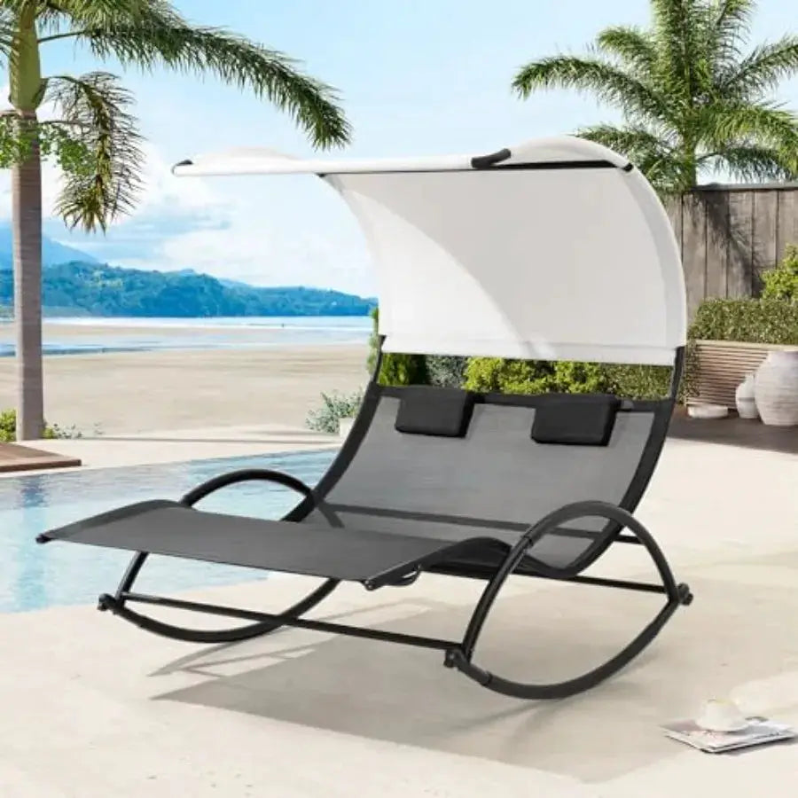 Outdoor Double Chaise Lounge Chair with Canopy and Wheels, 2 Person Patio Rocking Lounge Chair with Sun Shade and Headrests for from PriceLows™