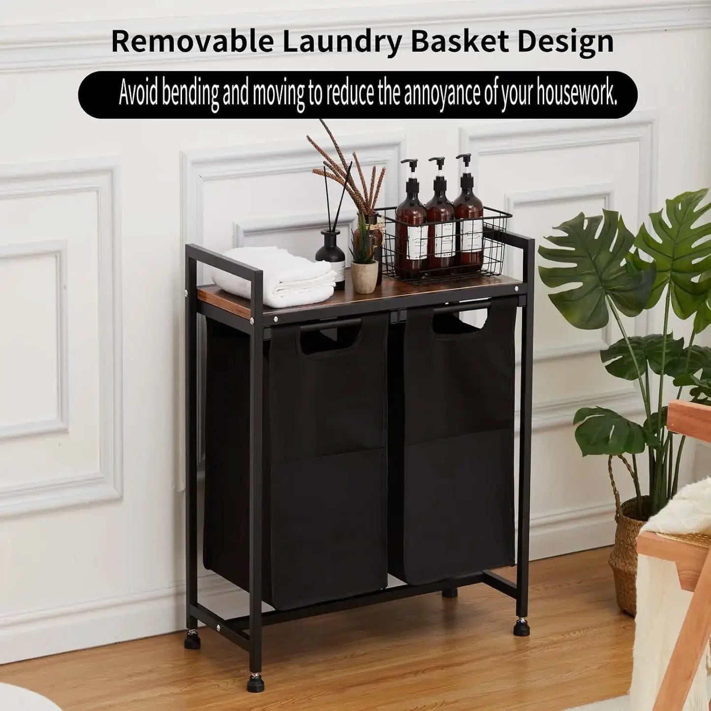 Laundry Basket with Shelf & Pull-Out Removable Bags Metal Frame Washing Basket with Storage Shelf Cloest Storage Organization from PriceLows™