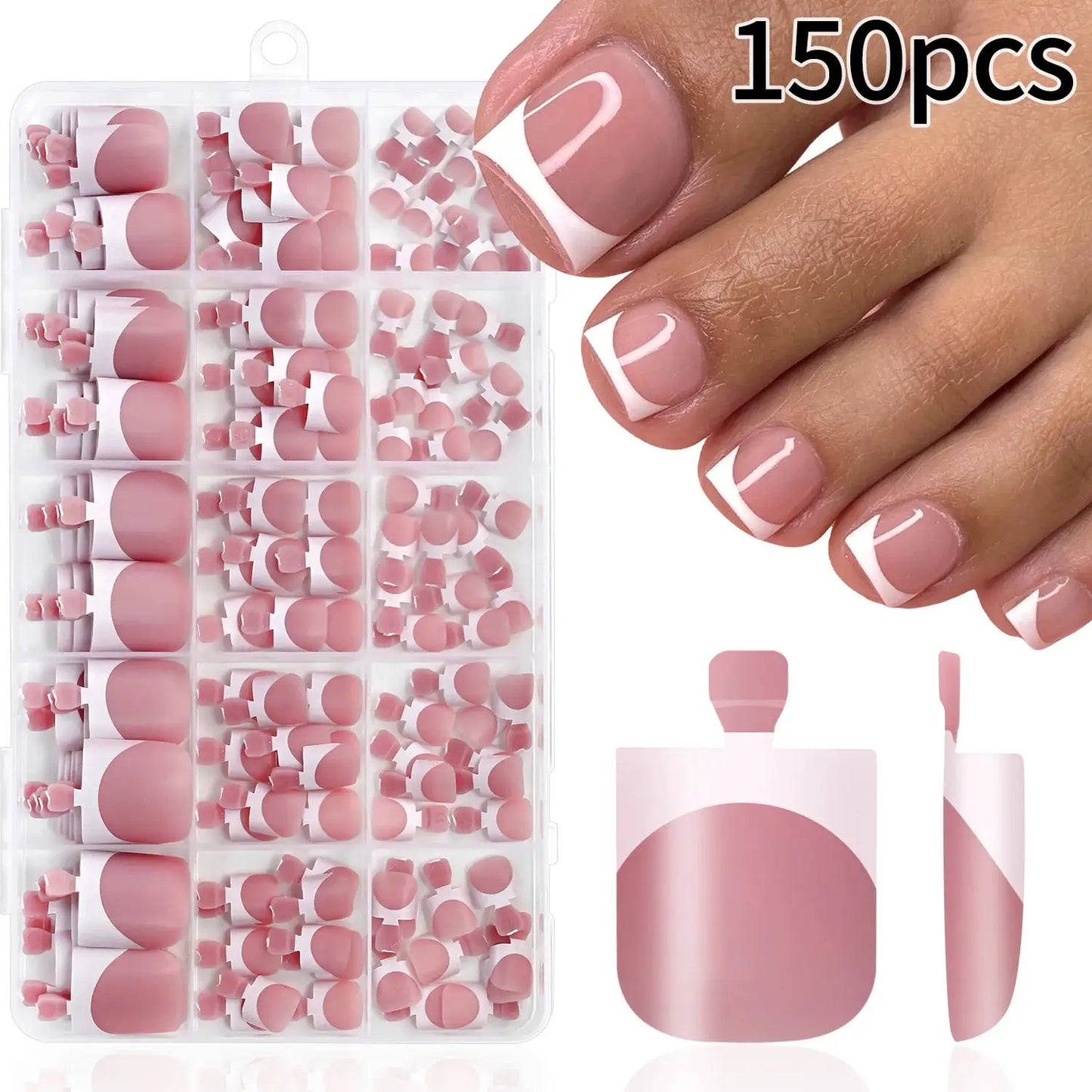 Press On Toenails | Short Square Shape | French White Tips | 150 Pcs Set