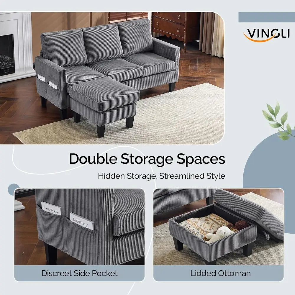 L-Shaped Sectional Sofa | Reversible Chaise | Storage Ottoman | 68.5 Inch Length