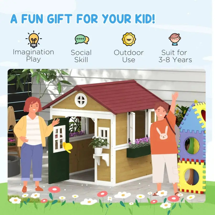 Wooden Playhouse for Outdoor Doors Windows Planter Pots Beige Toddlers 3-8 Years from PriceLows™