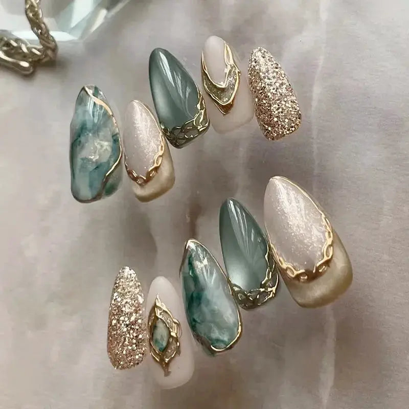 Almond Press On Nails | Acrylic Finish | Pearl Flower Design | 24 Piece Set