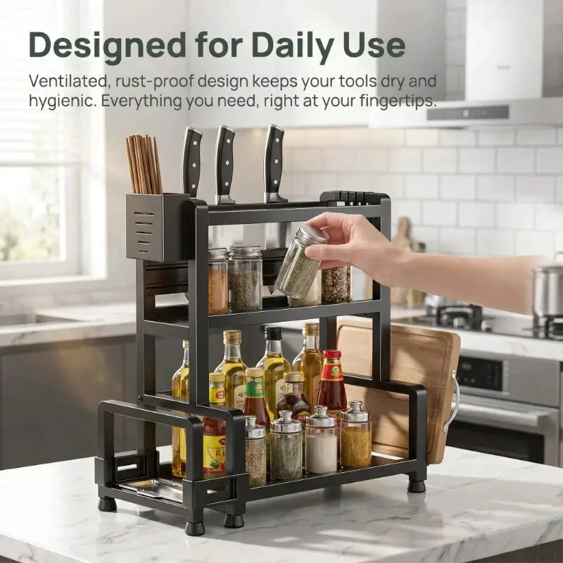 3 Tier Spice Storage Rack for Countertop Adjustable Spice Organization for Cabinet Kitchen Organizer Metal Shelf Black from PriceLows™