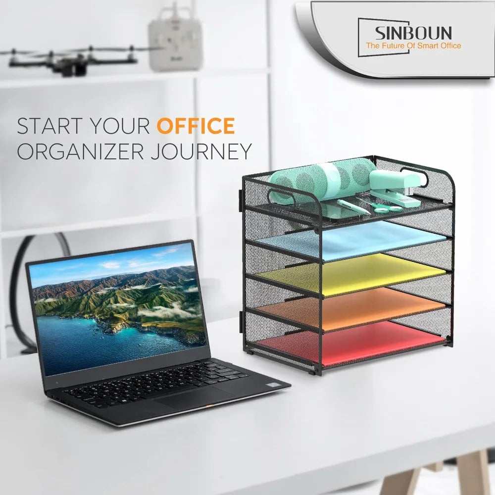 5-Tier Metal Letter Tray Paper Organizer | Desktop Document Shelf | With Handle