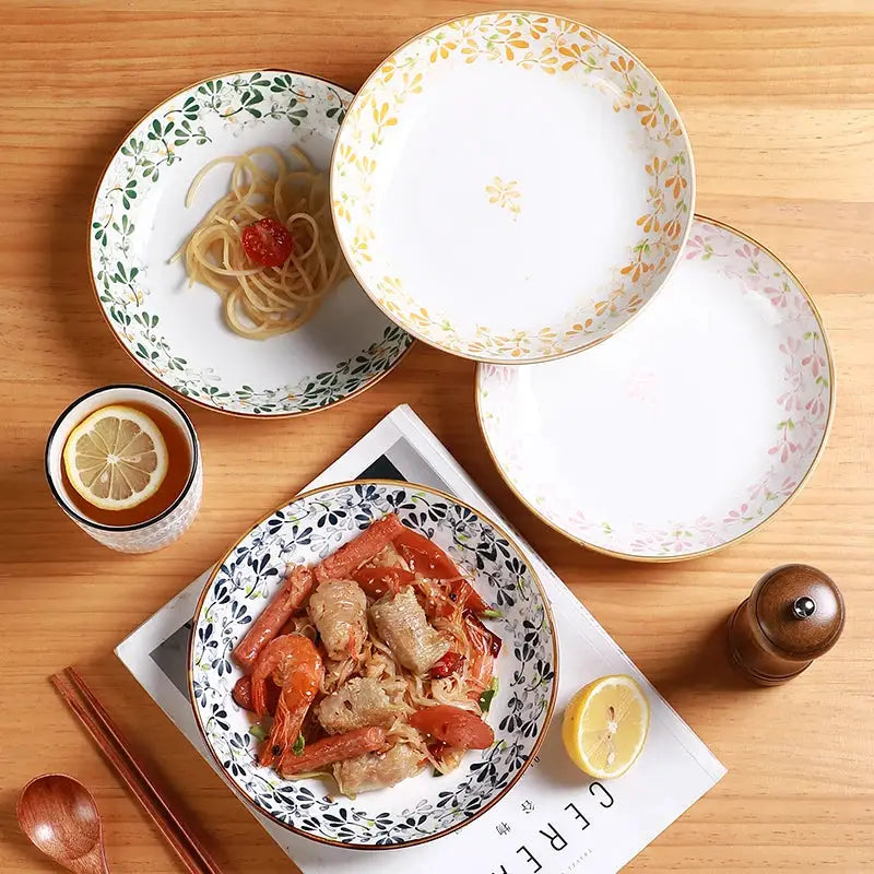 4pcs 8in/20.2cm Floral Ceramic Plates - Cute Pasta/Salad/Dessert Plates，Kitchen Restaurant Tableware，Microwave & Dishwasher Safe from PriceLows™