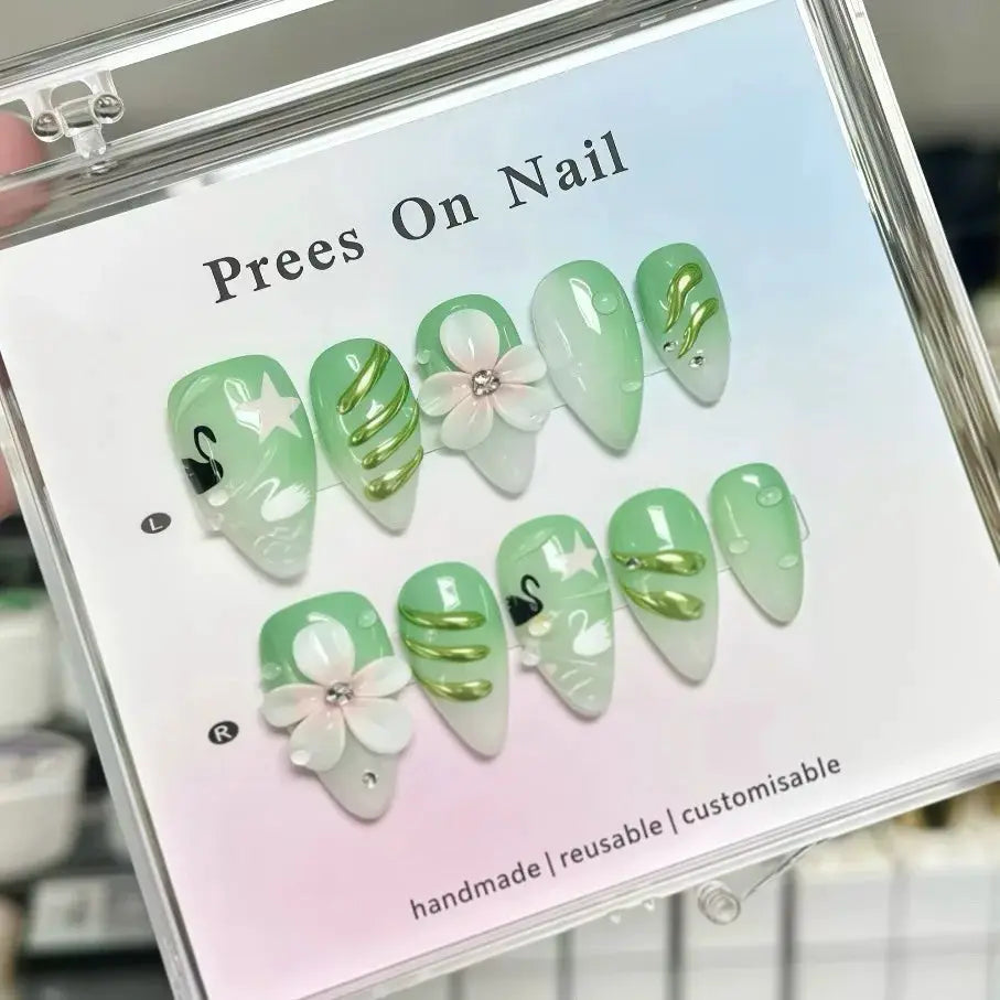 Press On Nails | Almond Shape | Green Lotus Frog Design | 24 Piece Kit