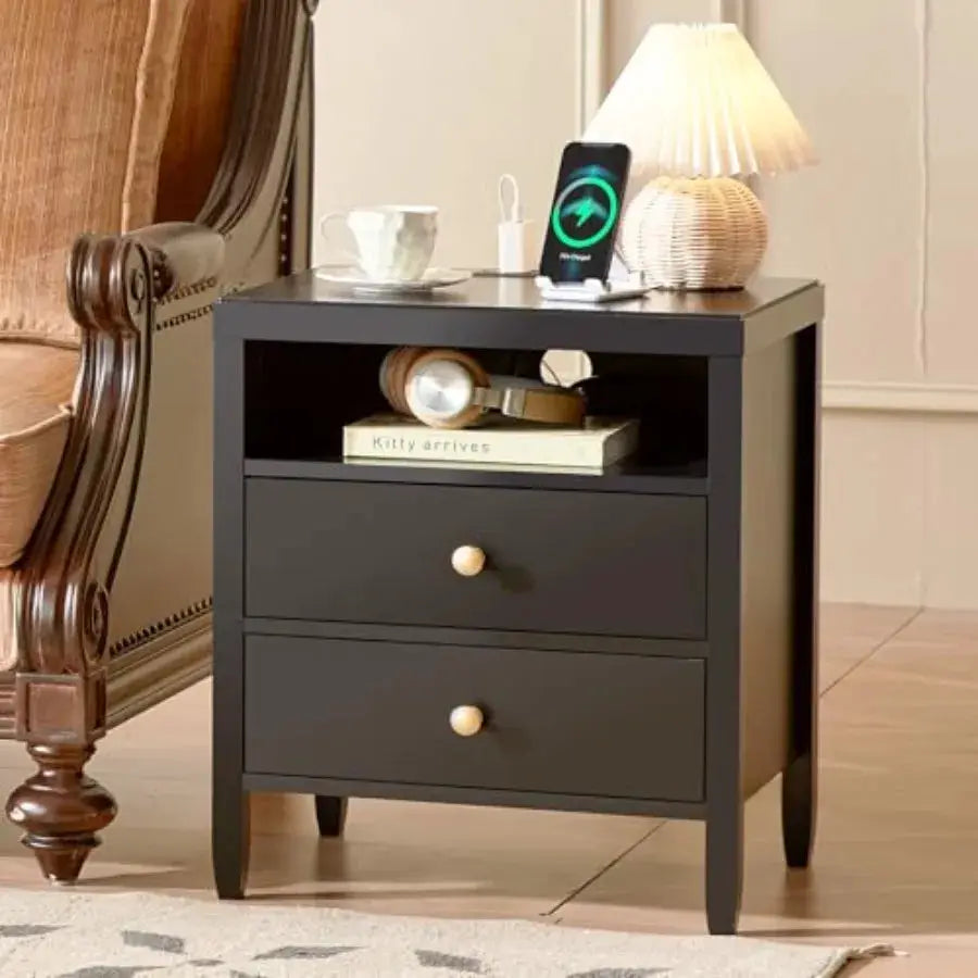 Nightstand Set of 2, Night Stand with Charger Station, Bedside Table with 2 Drawers, Bed Side Tables for Bedroom, Modern Nights from PriceLows™