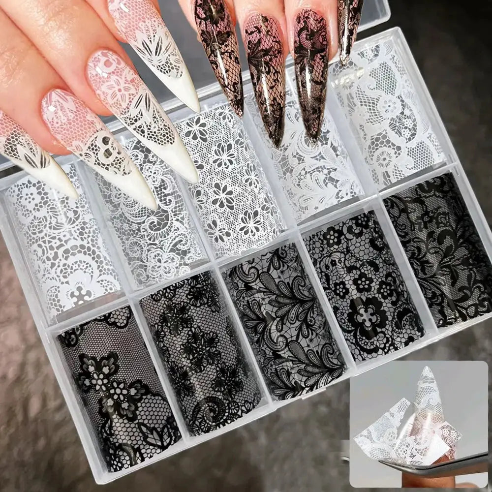 10 Rolls 4x50CM Black White Lace Transfer Nail Sticker Sexy Flower Lace Nail Art Transfer Foils Paper for DIY Manicure Decals*@# from PriceLows™