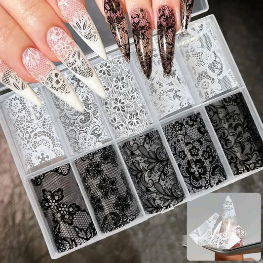 10 Rolls 4x50CM Black White Lace Transfer Nail Sticker Sexy Flower Lace Nail Art Transfer Foils Paper for DIY Manicure Decals*@# from PriceLows™