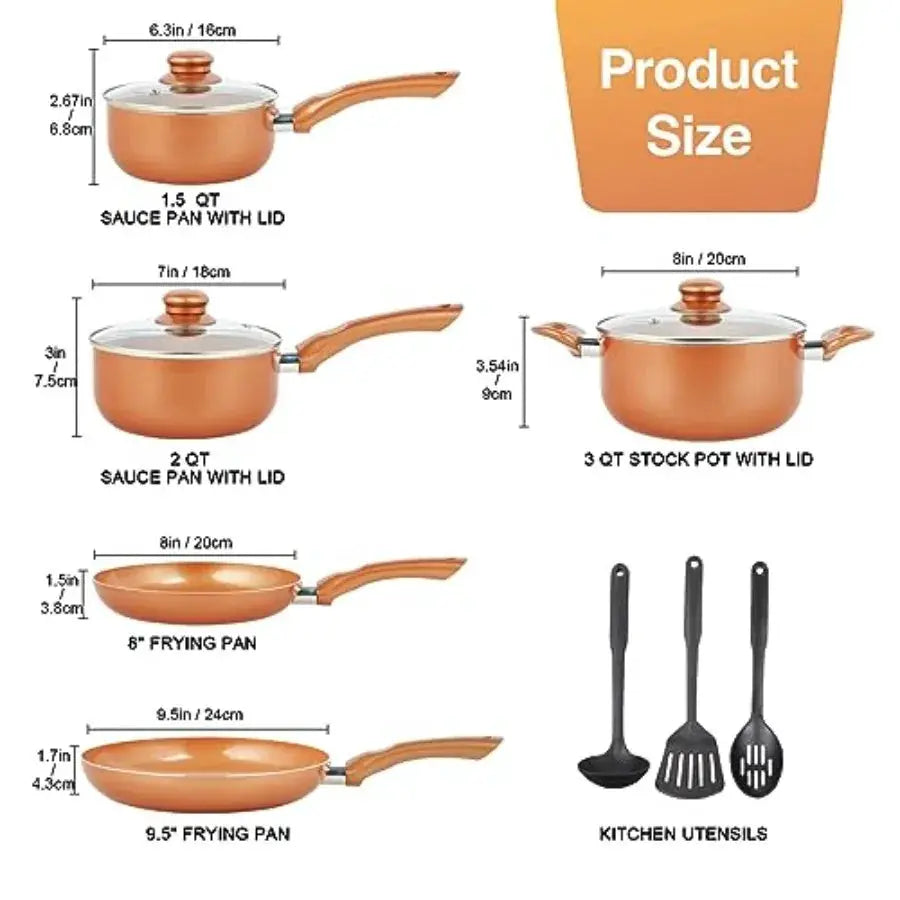 Pots and Pans Set Ultra Nonstick Pre-Installed 11pcs Cookware Set Copper with Ceramic Coating Stay cool handle and Nylon Kitche from PriceLows™