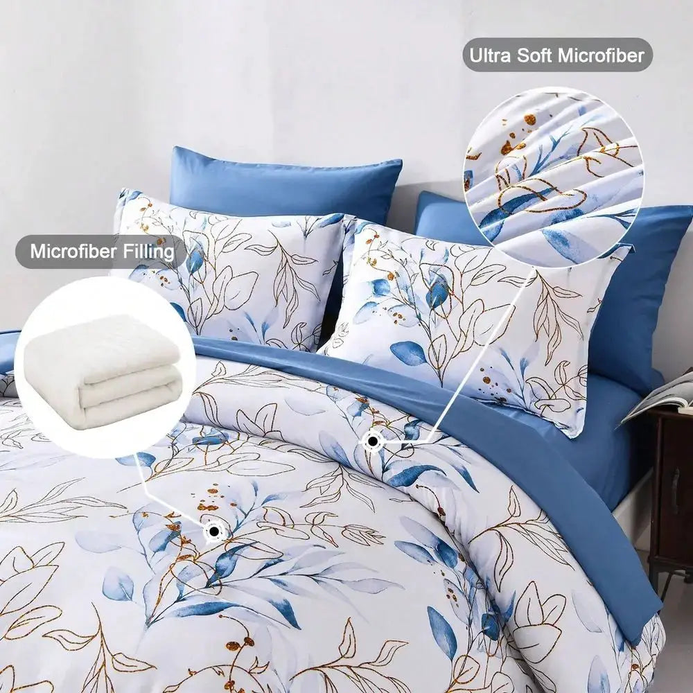 Pieces Botanical Comforter Set Queen King Size,Floral Reversible Bed In A Bag Gold Blue Leaves Bedding Set Queen 1 Comforter,2 P from PriceLows™
