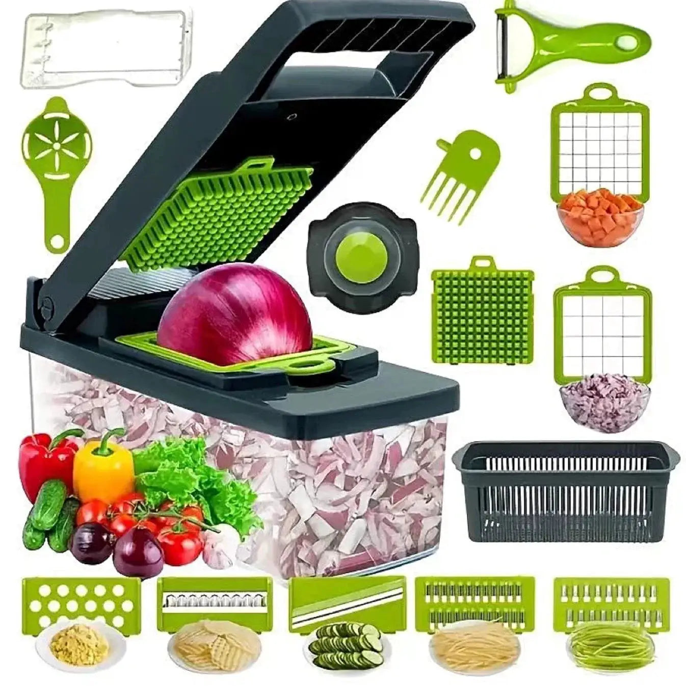Vegetable Chopper | 14 In 1 Functionality | Stainless Steel Blades | 14 In 1