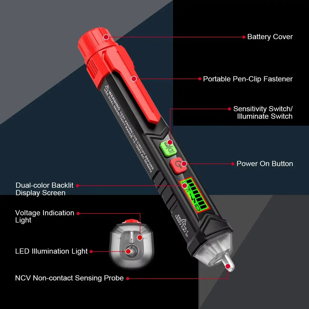 HABOTEST HT100 Non-Contact Voltage Tester with Dual Range AC 12V-1000V/48V-1000V Electrical Tester with LCD Display Buzzer Alarm from PriceLows™