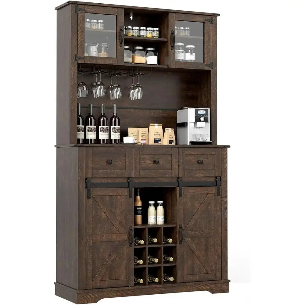 72 Coffee Bar Cabinet with Glass Doors & Wine Racks, Tall Pantry with Drawers and Sliding Barn Doors, Brown from PriceLows™