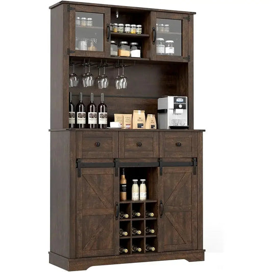 72 Coffee Bar Cabinet with Glass Doors & Wine Racks, Tall Pantry with Drawers and Sliding Barn Doors, Brown from PriceLows™