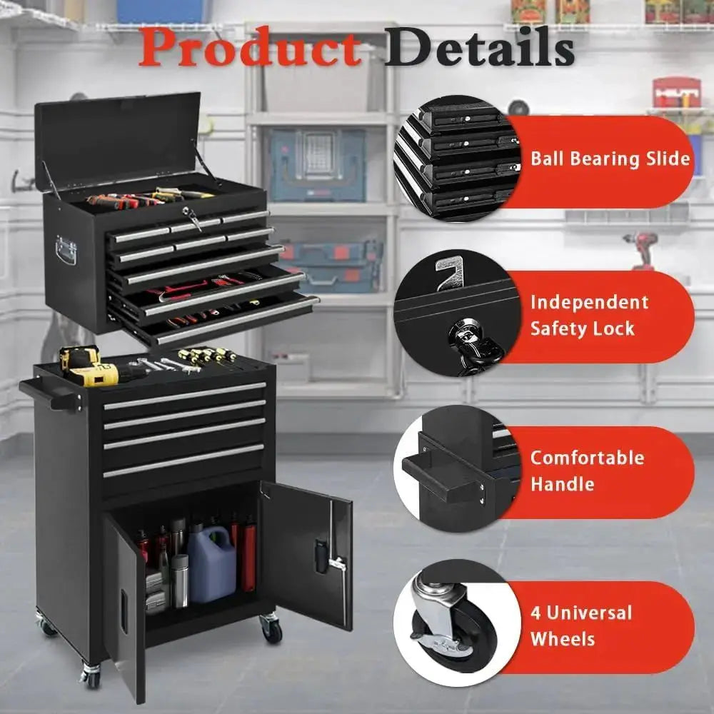 Double-Door Rolling Tool Chest with Lock, Detachable Metal Cabinet on Wheels for Garage, Home, and Warehouse Storage (Black) from PriceLows™