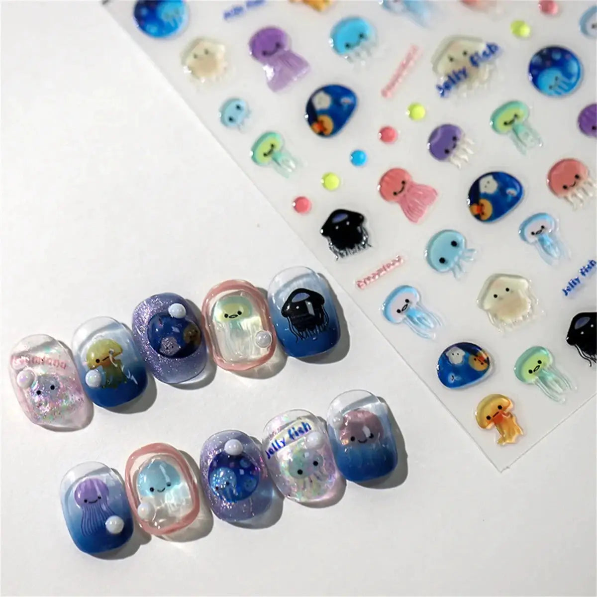 1pcs 5D Kawaii Jelly Series Nail Art Stickers Blue Jellyfish Adhesive Nail Art Decorations Stickers Hot Stamping Manicure Decals from PriceLows™