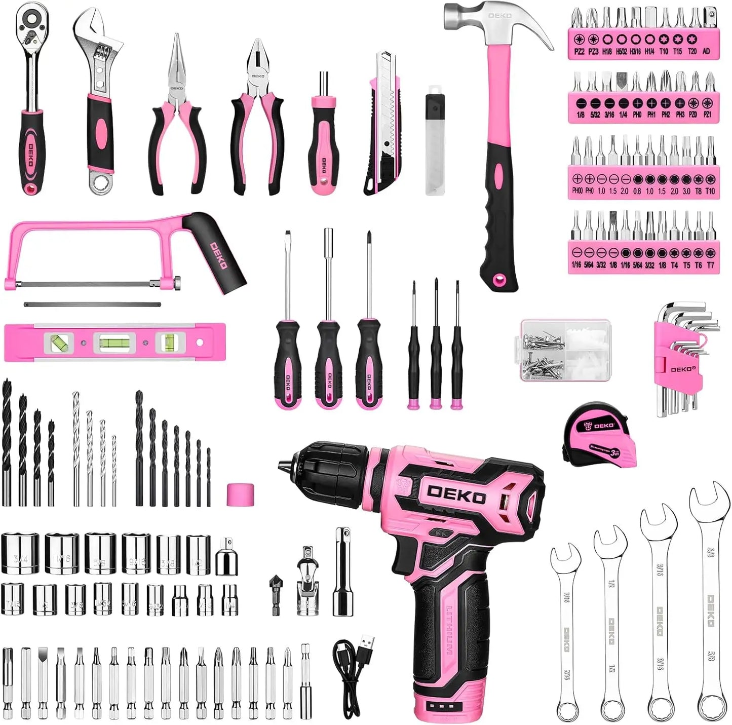 Pink Tool Kit Box with 12V Cordless Drill Set for Home Repair and DIY Projects, 238-Piece Hand Tool Combo with Storage Organizer from PriceLows™