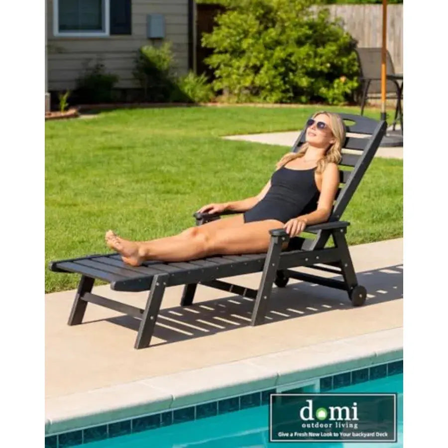 Patio Lounge Chair Outdoor, HDPE Outdoor Chaise Lounge with Reclining Backrest, Pool Lounger Chair for Outside, Poolside, Sunbathing Tanning, Black from PriceLows™