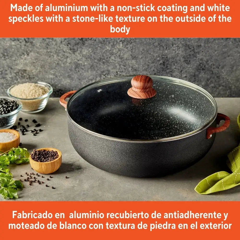 4.4qt Aluminum Nonstick Caldero with Glass Lid and Wood Look Handles Ideal Cooking Rice Stews Soups Sauces and More from PriceLows™