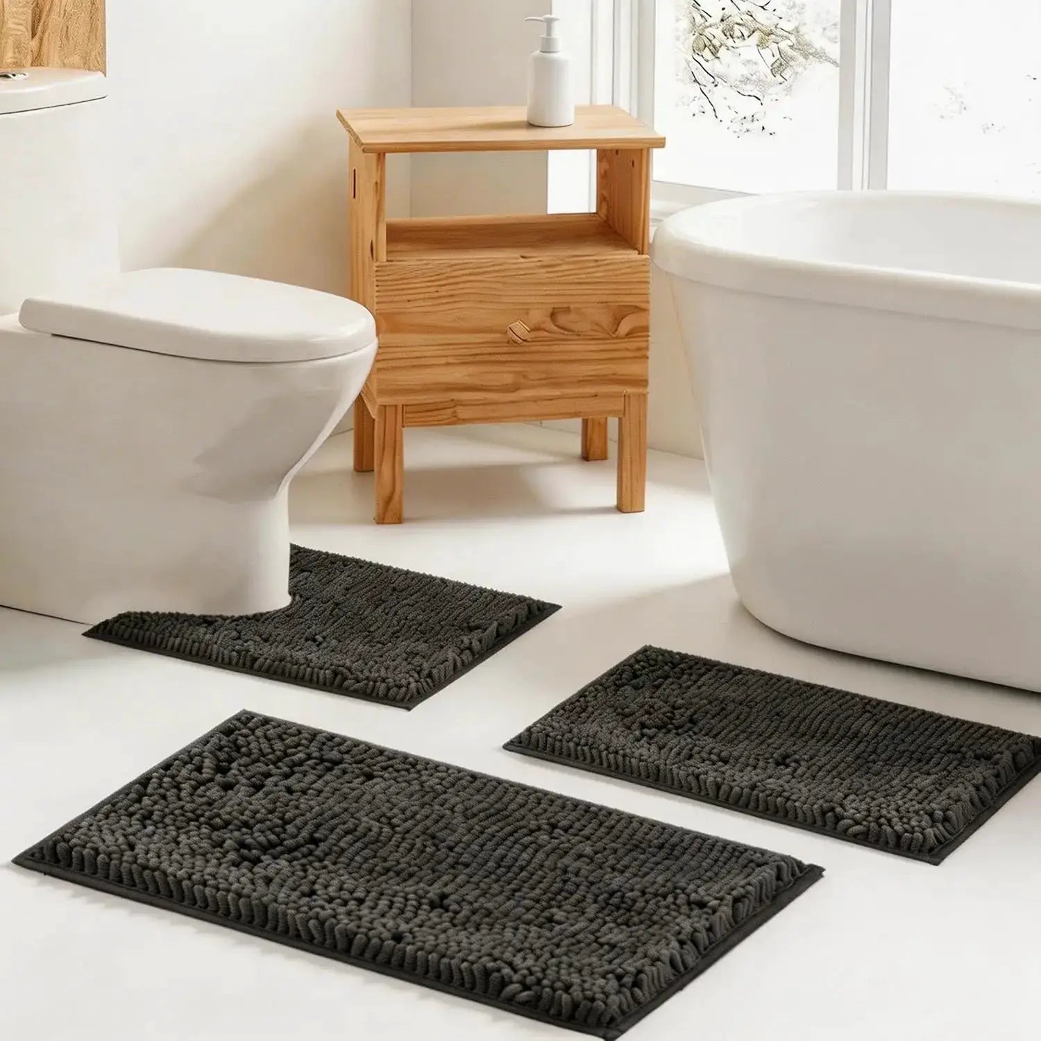 Non Slip 3 Piece Bath Mat Set - Washable Chenille Bathroom Rugs with PVC Backing, Absorbent Bath Mats for Bathroom, Kitchen, Tub from PriceLows™
