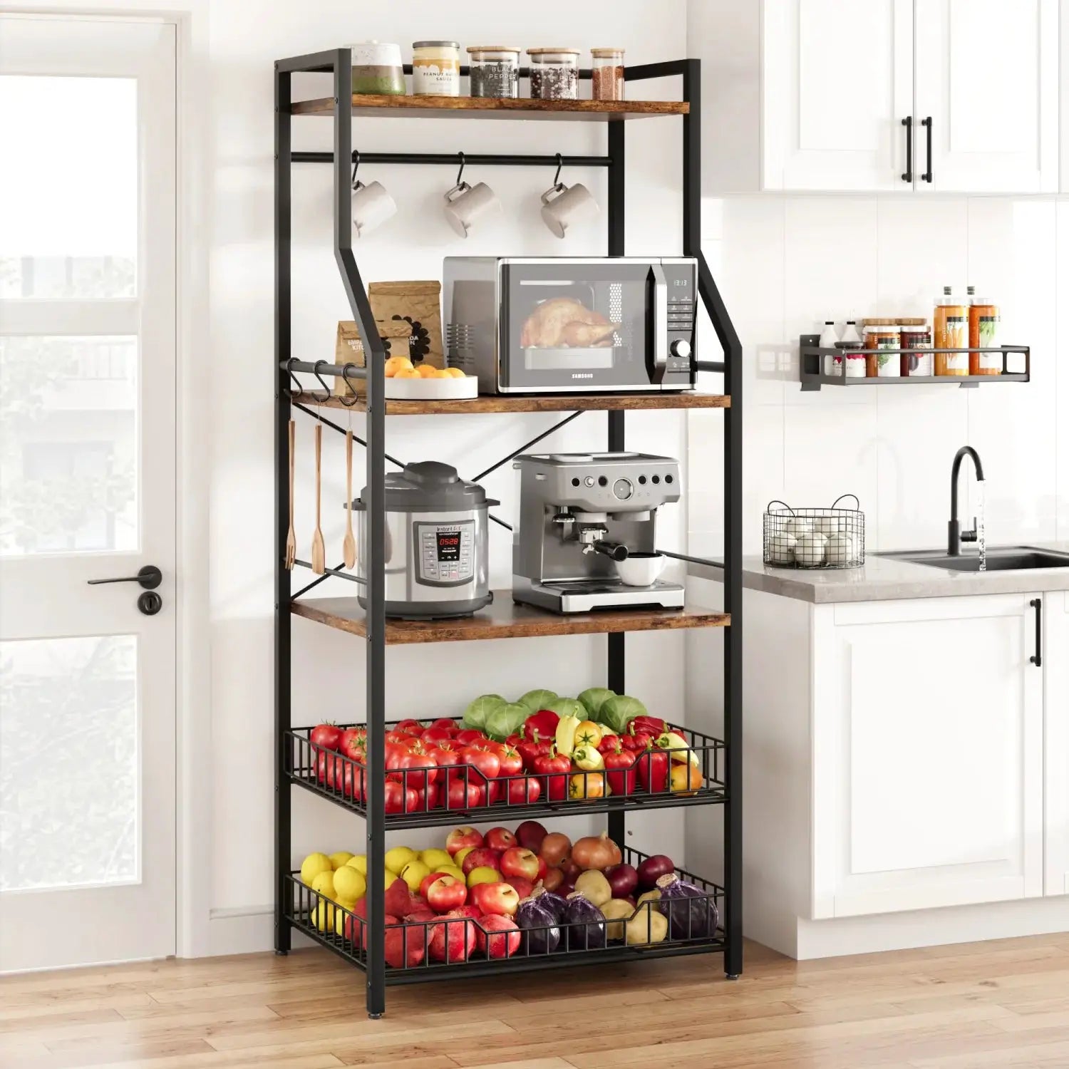 Kitchen Bakers Rack Microwave Oven Stand with 2 Large Wire Basket Industrial Coffee Bar Station from PriceLows™