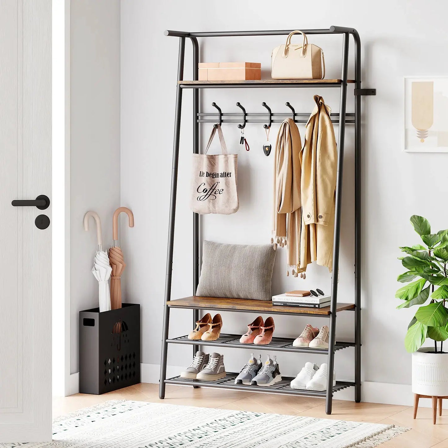 Coat Rack Shoe Bench, 4-in-1 Hall Trees Entryway Bench with Coat Rack and Shoe Rack, Steel Frame Storage Shelf and Hanging Bar from PriceLows™