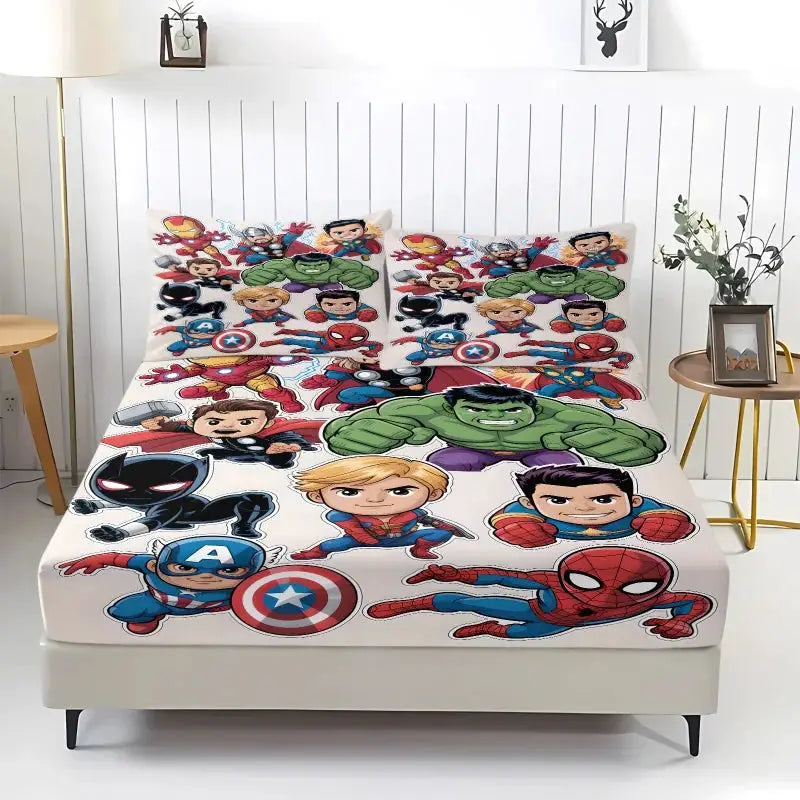 3Pcs Chibi Marvel Fitted Sheet Set with Pillowcases, Soft Deep Pocket Cartoon Print Mattress Cover for Kids Boys Girls Bedroom from PriceLows™