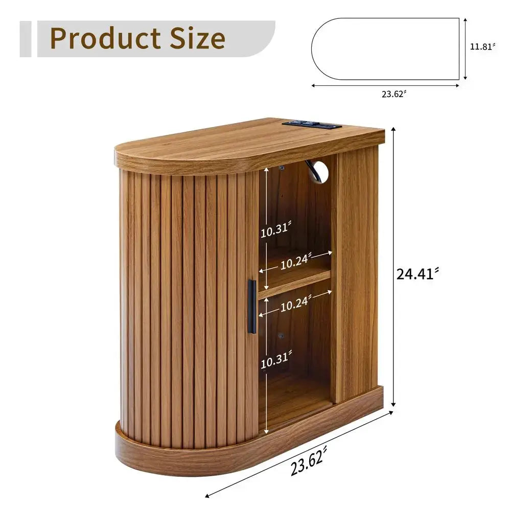 End Table, Narrow Side Table, Skinny Nightstand with Charging Station, MidCentury Modern Curved Fluted Bedside Table with Door from PriceLows™