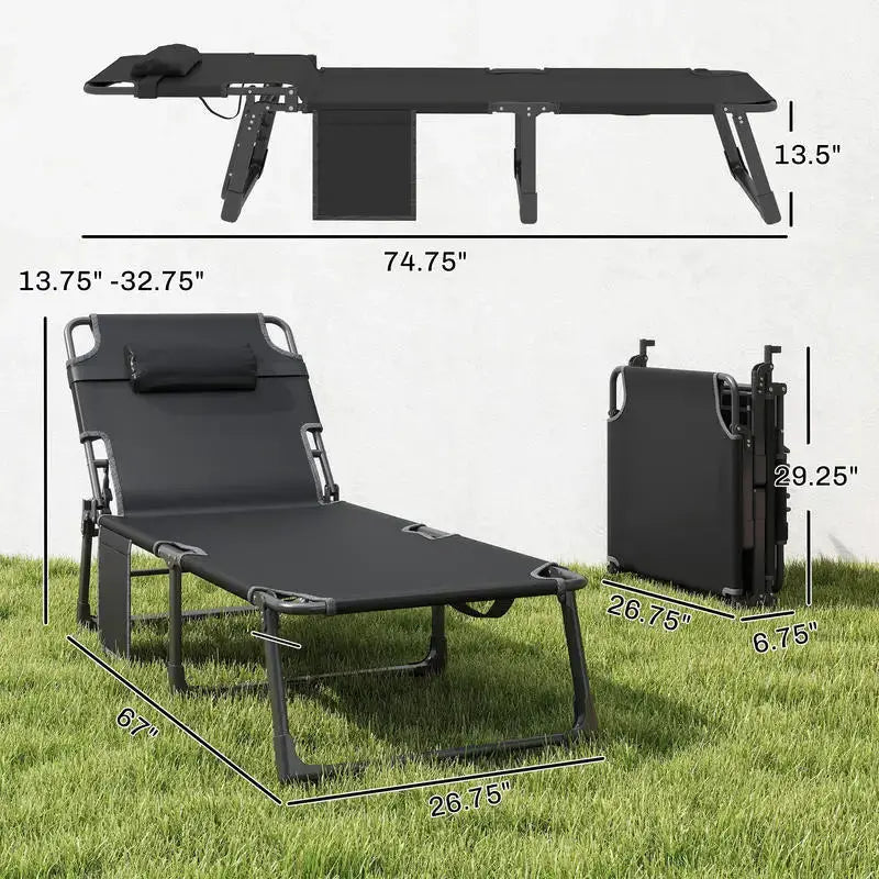 Outsunny Folding Chaise Lounge Chair Outdoor Tanning Chair with 5-Position Backrest, Cushion, Side Pocket, Black from PriceLows™