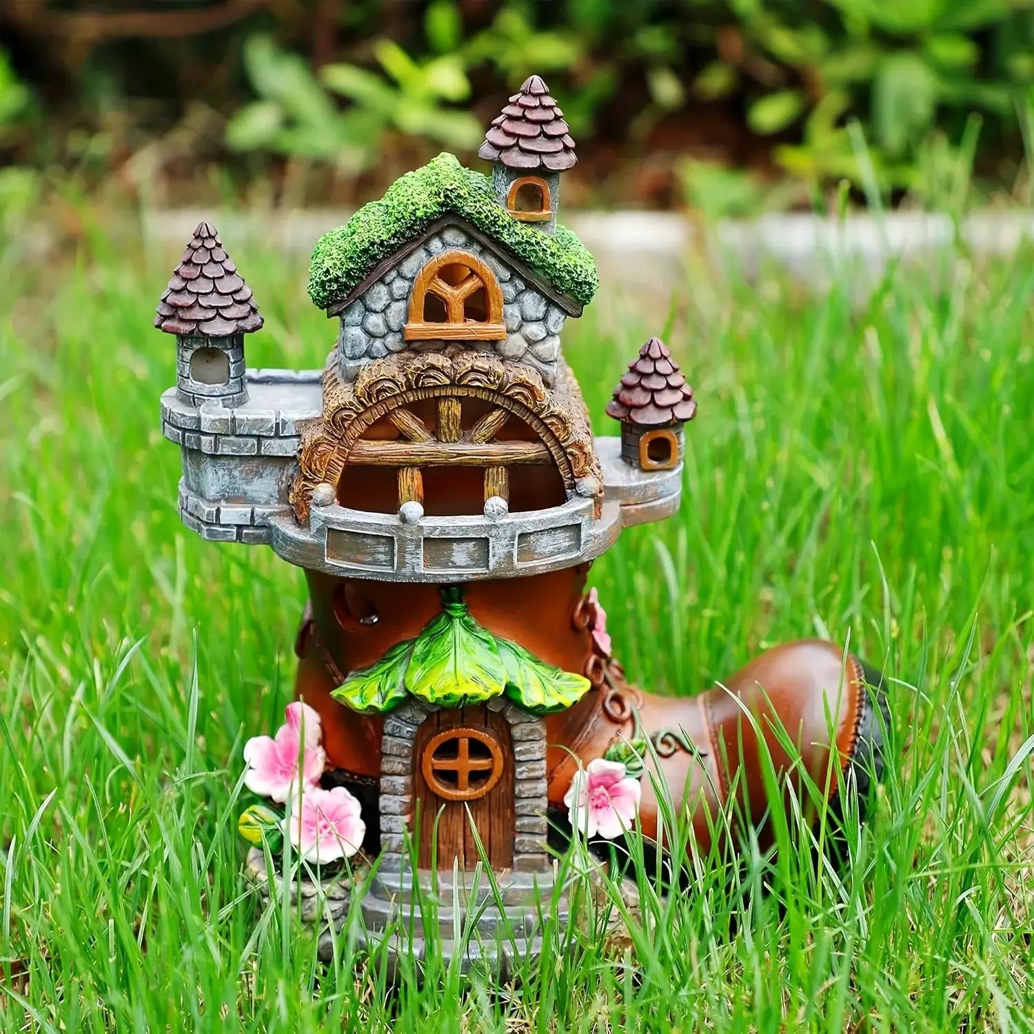 Fairy House Garden Statues with Boots, Fairy Garden Decor House Kit, Solar Lights Garden Figurine for Outdoor Patio Lawn from PriceLows™