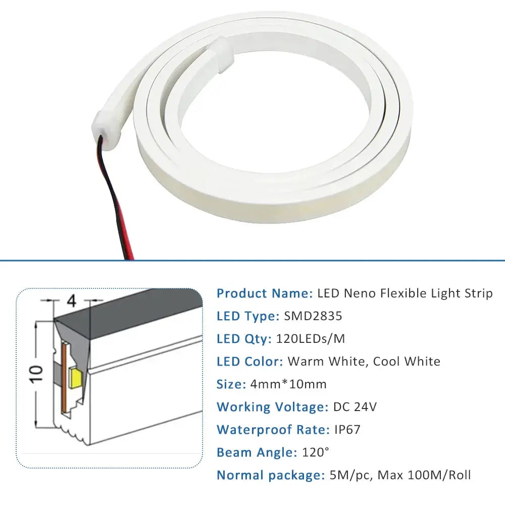 4X10mm LED Neon Flexible Strip Light 24V SMD2835 120LEDs IP67 Silicone Tube Lamp Waterproof 5M 10M 100M Flex Rope Sign Lighting from PriceLows™