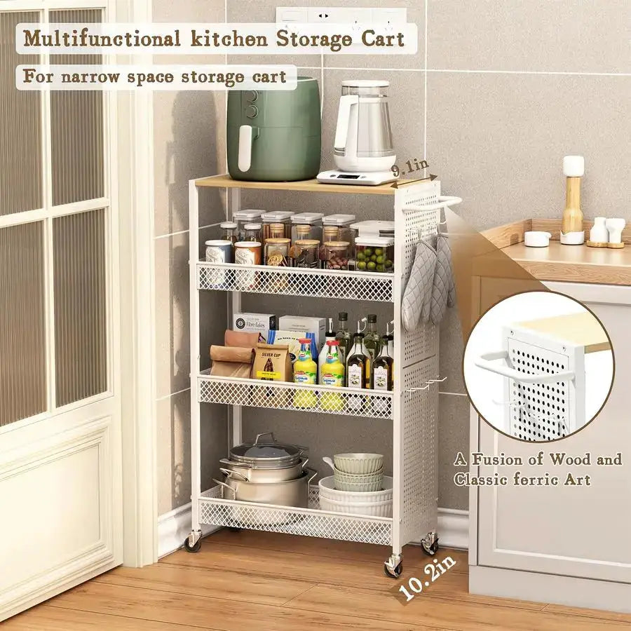 Slim Storage Cart 4 Tier Small Rolling Kitchen Laundry Room Organization Cart with Wood Top Metal Narrow Laundry Room Shelves Ca from PriceLows™