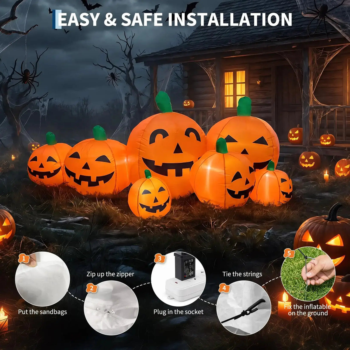Halloween Inflatable Pumpkin | 7 Pack Jack O Lantern | Led Light | 7.5 Ft