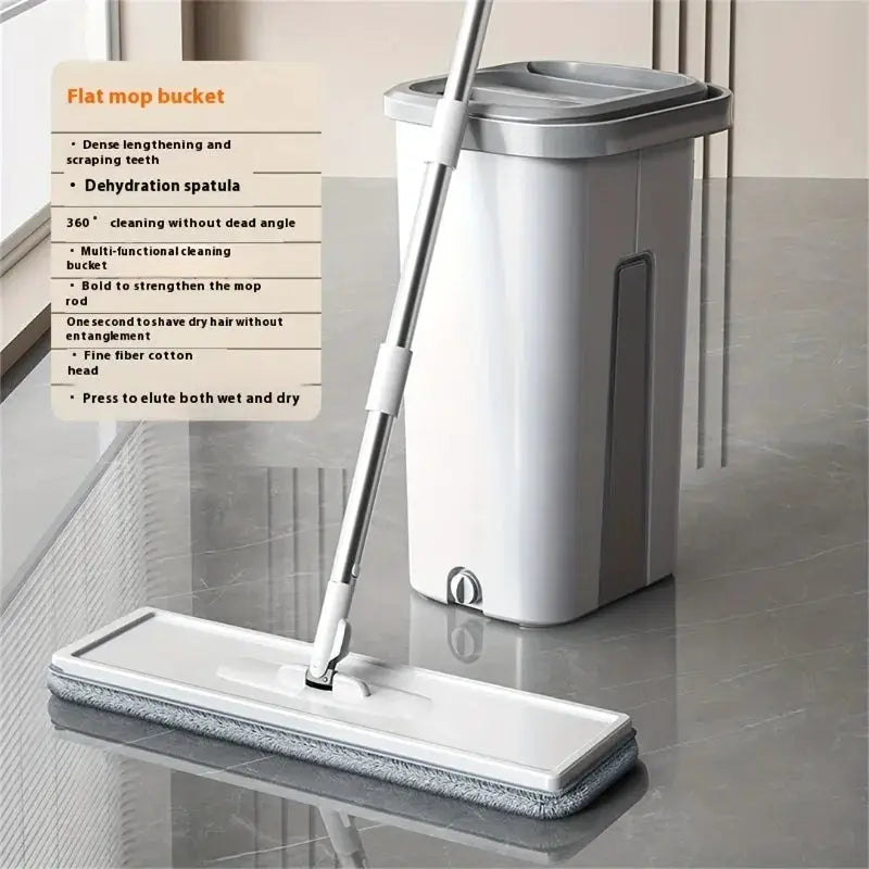 Hands-Free Flat Mop & Bucket Set with 4 Reusable Microfiber Pads, 360° Swivel, Long Handle for Floor & Wall Cleaning from PriceLows™