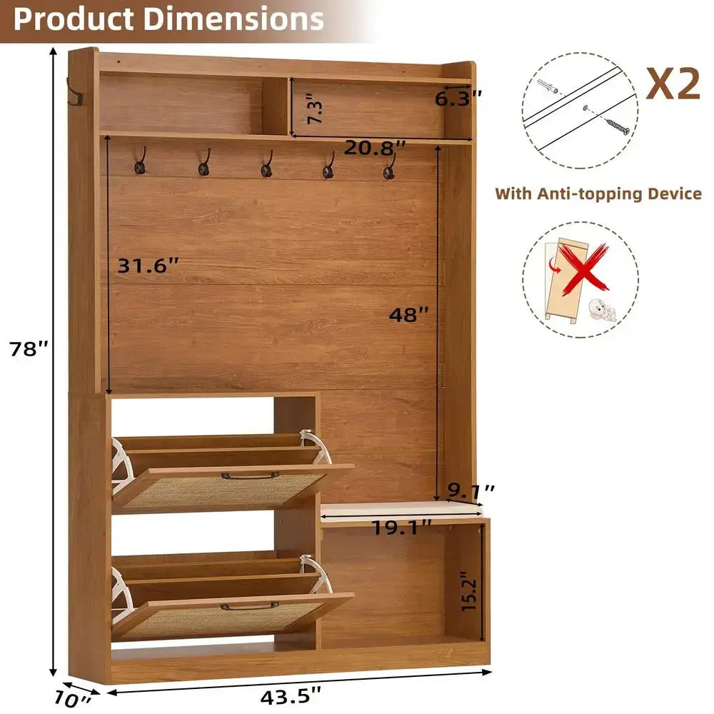 78 Tall Boho Hall Tree with Bench amp Shoe Storage, 4in1 Mudroom Coat Rack with 2 Flip Rattan Drawers amp Cushioned Stool, Entr from PriceLows™