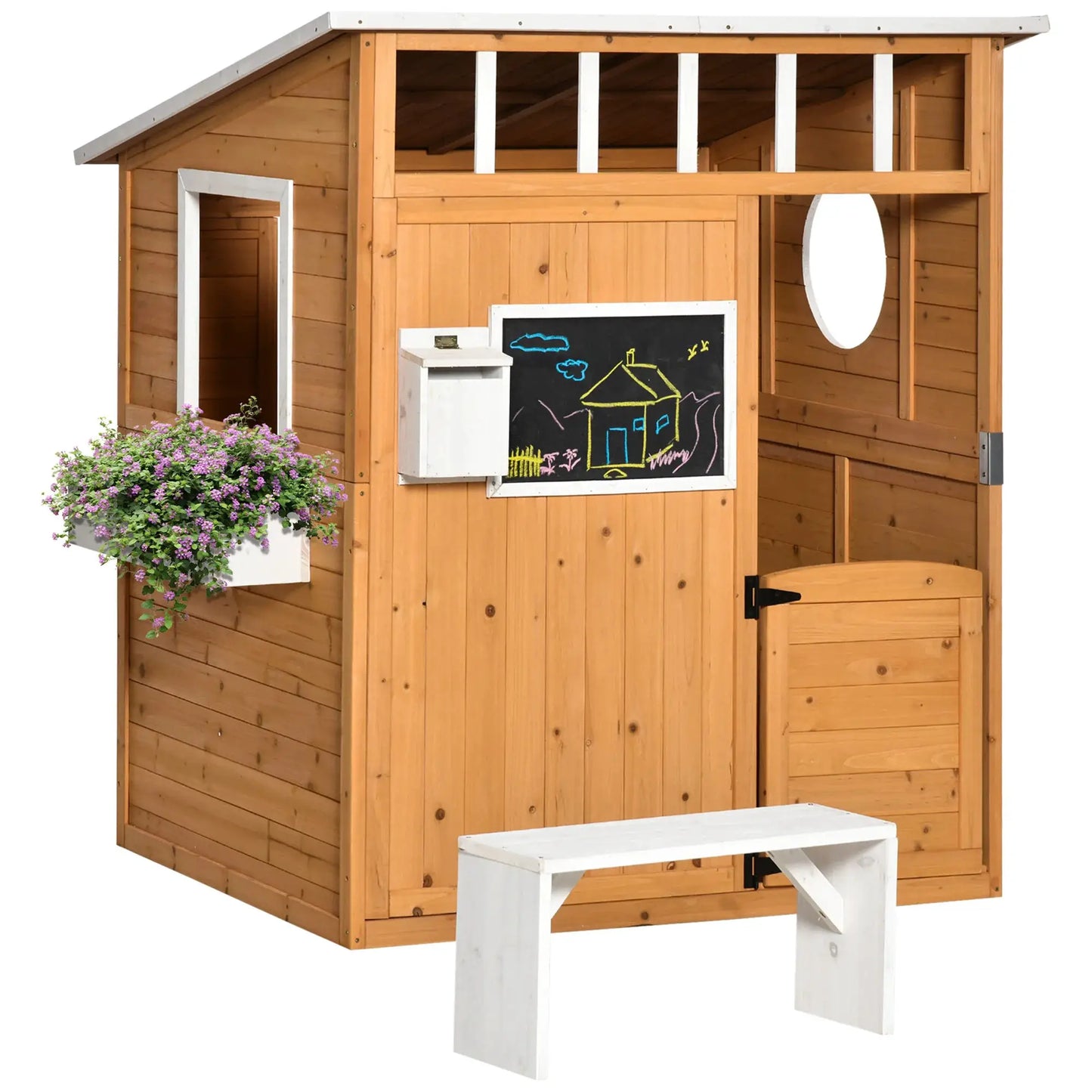 Outsunny Wooden Playhouse for Kids Outdoor with Working Door, Windows, Mailbox, Bench, Flowers Pot Holder, 48" X 42.5" X 53" from PriceLows™