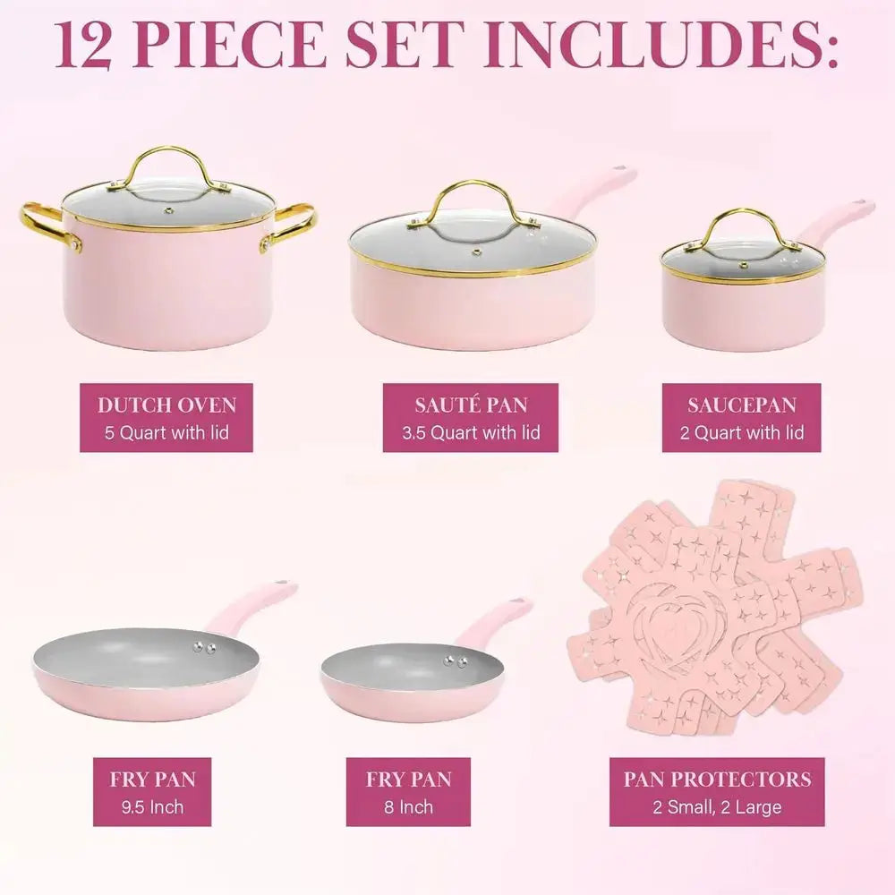 12-Piece Pink Nonstick Cookware Set with Tempered Glass Lids and Cool Handles from PriceLows™