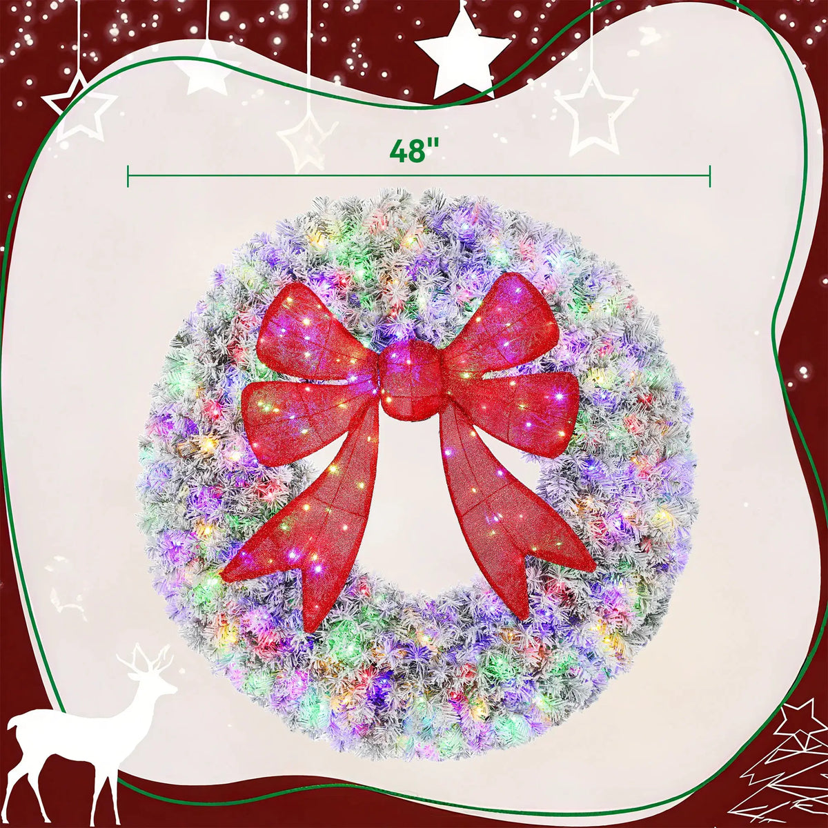 Artificial Christmas Wreath | 48 Inch Flocked | Pre Lit Bulbs | Red Bow Center