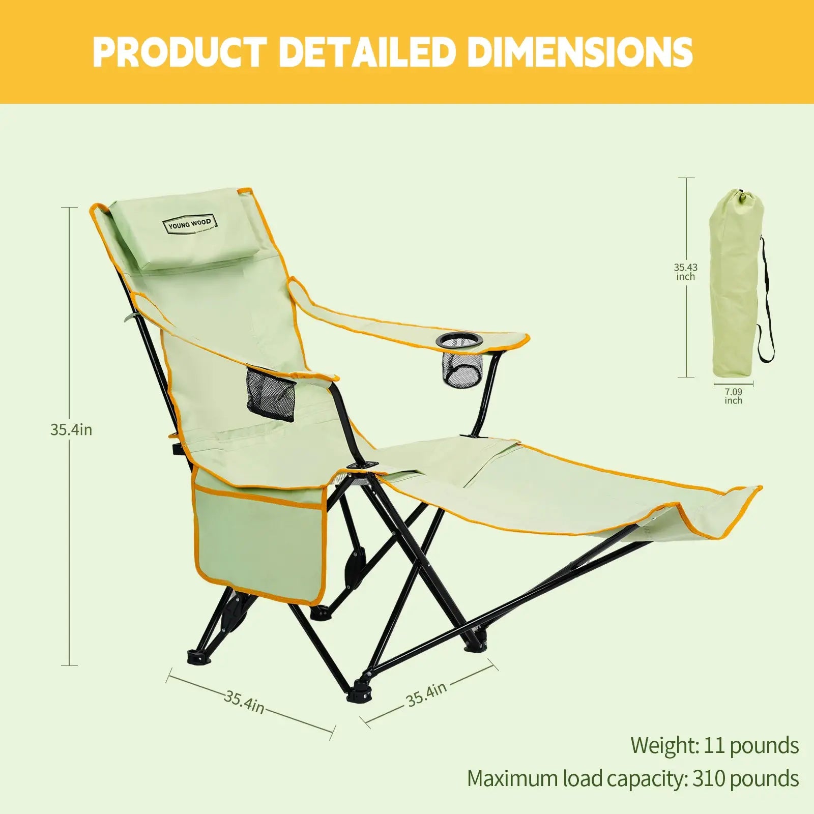 YOUNG WOOD 2-in-1 Reclining Camping Chair with Footrest, Foldable Outdoor Lounge Chair with Cup Holder & Headrest, Portable from PriceLows™