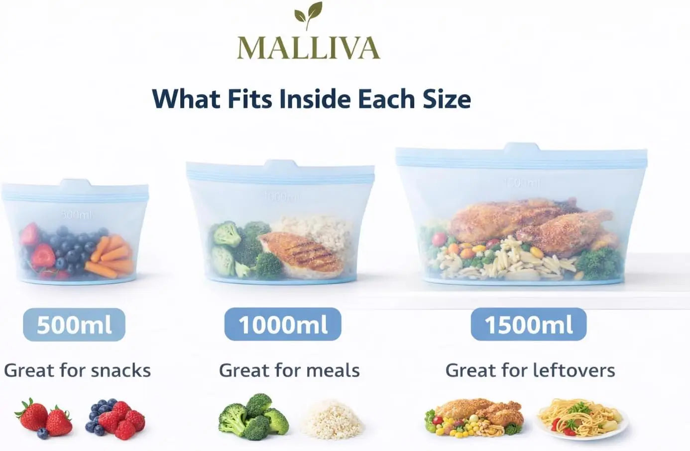 Silicone Food Storage Bags | 3 Pack Stand Up Ziplock | BPA Free | 17oz 34oz 51oz